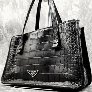 定価230万!!!未使用級!!!【プラダ PRADA】極上の最高級品!!! クロコダイル 鰐革 がま口 ハンドバッグ フォーマル 三角ロゴプレート 金具