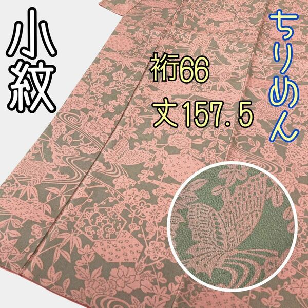 【着物と帯 時流】K67◆正絹 小紋◆美品 ちりめん 蝶々 裄66 丈157.5