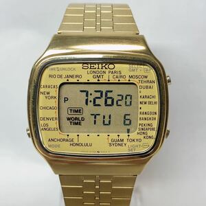 希少 美品 SEIKO セイコー A708-5000 ワールド タイム デジタル 腕時計 稼働品 80年代 純正ブレスレット 日本製 ビンテージ