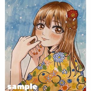手描きイラスト オリジナル アナログ 女の子 浴衣 お祭り 夏A4サイズ イラスト