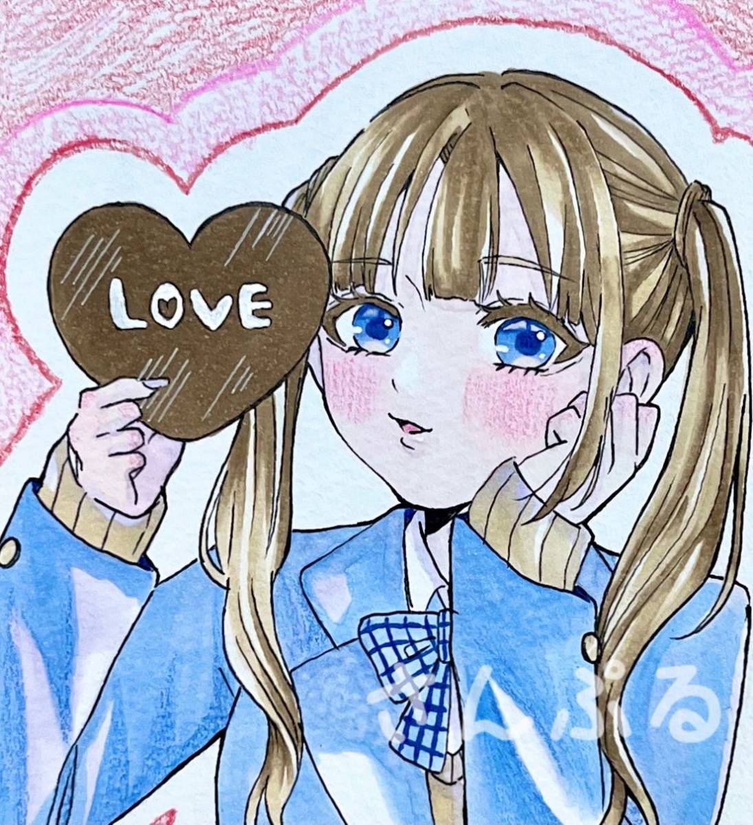 Ilustración dibujada a mano original Copic tamaño postal niña color lápiz twintails uniforme, historietas, productos de anime, ilustración dibujada a mano