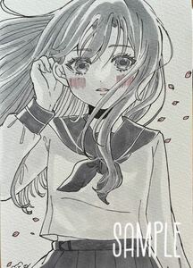 手描きイラスト 原画 アナログ コピック ポストカードサイズ 女の子 春 モノクロ 制服 セーラー服　桜