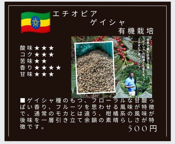 自家焙煎屋　珈琲豆　coffee　エチオピアゲイシャ　有機栽培　300g