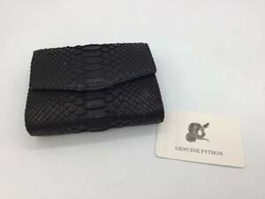 #8652　未使用保管品 genuine python 財布 二つ折りさいふ 小銭入れ お札入れ カード入れ ヘビ革 パイソン 黒 ブラック