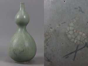 朝鮮美術 高麗青磁 瓢箪形 白黒象嵌鶴図 花瓶 高36,5cm 時代物 細密細工 古美術品[c170]
