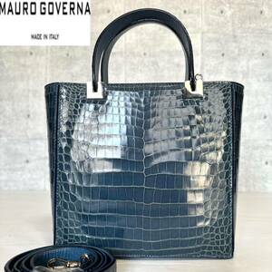 良品 MAURO GOVERNA マウロゴヴェルナ クロコダイル コバルトブルー 2WAY ワニ革 シルバー金具 レザー ショルダー ハンドバッグ トート