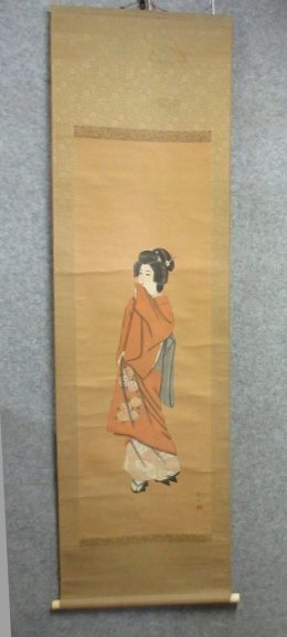True Handwriting Hanging Scroll Beautiful Woman Painting [B23742] Length 187cm Width 54cm Paper Book Still Water Figure Tokonoma Decoration Old Toy Antique Art, painting, Japanese painting, person, Bodhisattva
