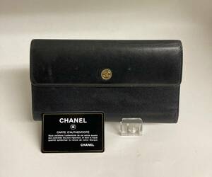 １円スタート！CHANEL シャネル ココマーク ココボタン レザー 三つ折り 長財布 ウォレット 札入れ 小銭入れ ブラック系