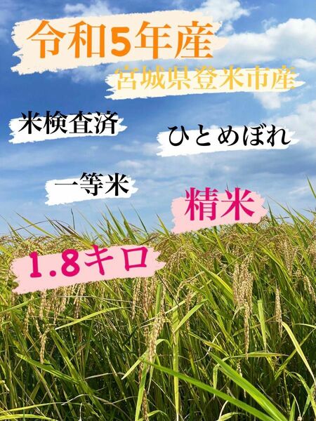 白米　精米　1.8キロ　お試しサイズ　令和5年産　一等米　宮城県登米市中田町産　ひとめぼれ