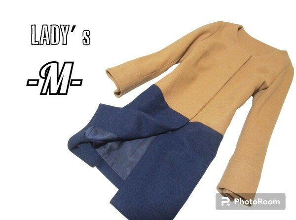 送料込み レディースM◇ノーカラーコート◇brown×navy