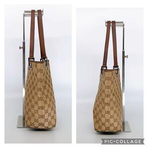 綺麗GUCCI 31244 トートバッグ GGキャンバス ブラウン レザーの画像4