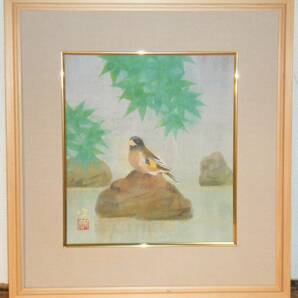 【真作】絵画 野々内宏 日本画（色紙） 河原鶸 日本美術院特待 名品 Q17の画像1