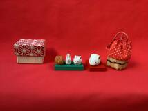 【清水豆人形】杉谷マサ　土人形　うさぎ　3匹　雪うさぎ　巾着あり　共箱あり　郷土玩具_画像1
