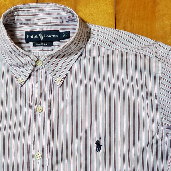 ラルフローレン　ボタンダウン ストライプシャツ　長袖　Ｌ　パープル　BDシャツ　ポニー刺繍　BDシャツ　CLASSIC　FIT