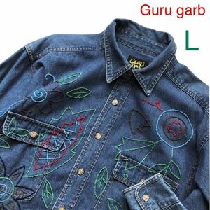 Guru garb グールガーブ ヴィンテージ 刺繍 デニムシャツ 古着 VINTAGE 長袖 メンズ ビンテージ トップス Lサイズ ブルー 柄シャツ