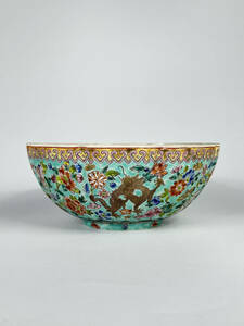中国美術　粉彩海水龍文花口碗　薄胎　碗　時代物　色絵磁器　