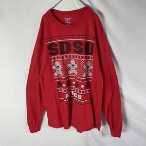 チャンピオン　長袖プリントTシャツ　古着　Lサイズ　レッド　ロンT