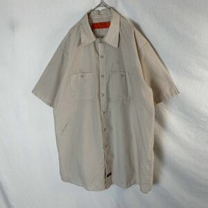 レッドキャップ　半袖ワークシャツ　ストライプ　古着　XLサイズ　ベージュ　WORKWEAR