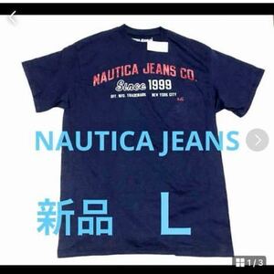 新品 タグ付 ノーティカ ジーンズ 半袖 Tシャツ ネイビー Lサイズ★中央 ひび割れ字ロゴ！NAUTICA JEANS