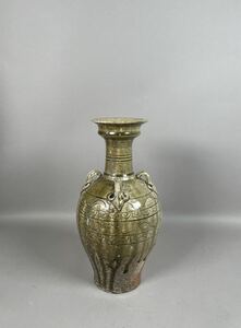 中国 元代 元時代 盤口青磁花紋花瓶 磁器 陶磁器 花器 飾壺 置物 花入 時代物 高さ29cm