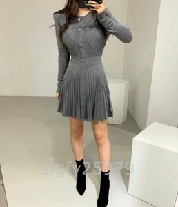 ☆新品☆前開きボタン プリーツスカート ミニ丈ニットワンピース 可愛い大人sexy おしゃれ ストレッチ素材　Ｓ～Ｌグレー