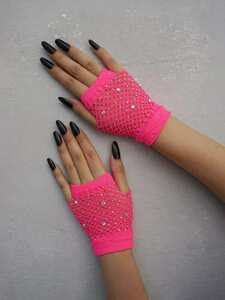 レディース アクセサリー 手袋 1 ペア ホット掘削ピンク ショート フィッシュネット装飾パーティー グローブ