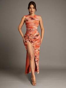 レディース ドレス オレンジの花柄ボディスーツとツイストロングスカートメッシュフェイクツーピースドレス
