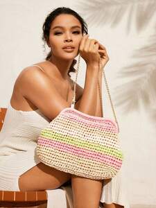  lady's bag clutch bag color block chain strap lady's shoulder bag, straw bag, crochet needle braided bag,