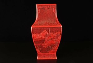 堆朱方壺　高さ273mm　剔紅　中国美術