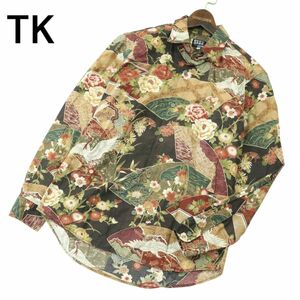 TK タケオキクチ 通年 鶴 花 扇 和柄 総柄★ 長袖 シャツ Sz.2　メンズ　A4T01064_2#C