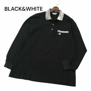 BLACK&WHITE ブラック＆ホワイト 通年 ロゴ ドッグ刺繍★ 長袖 鹿の子 ポロシャツ Sz.L　メンズ 黒 ゴルフ 日本製　A4T01285_2#C