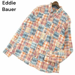 Eddie Bauer エディーバウアー パッチワーク★ インド綿100％ 長袖 ボタンダウン チェック シャツ Sz.XL　メンズ 大きい　A4T01349_2#C