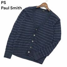 PS Paul Smith ポールスミス 春夏 麻 リネン混★ ボーダー ニット カーディガン Sz.M　メンズ ネイビー　A4T01433_2#J_画像1