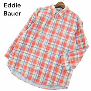 Eddie Bauer エディーバウアー 通年 ダブルガーゼ★ 7分袖 ボタンダウン チェック シャツ Sz.L　メンズ アウトドア　A4T01570_2#C