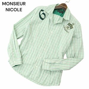 MONSIEUR NICOLE ムッシュ ニコル 通年 エンブレム ワッペン★ 長袖 スリム チェック シャツ Sz.48　メンズ　A4T01856_2#C