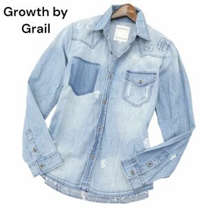 美品★ Growth by Grail グロースバイグレイル 通年 ダメージ＆リペア加工 長袖 ウエスタン デニム シャツ Sz.M　メンズ　A4T01799_2#C