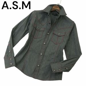 A.S.M marks li feed b men through year stamp silver button * herringbone stitch long sleeve western shirt Sz.48 men's gray ASM A4T01819_2#C