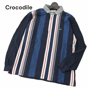 美品★ Crocodile クロコダイル ワニ刺繍 長袖 ボタンダウン ストライプ ポロシャツ Sz.LL　メンズ 紺 大きいサイズ　A4T01761_2#C