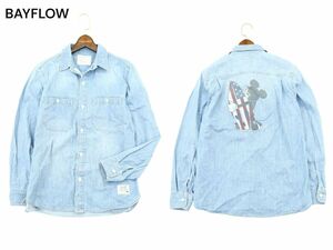 BAYFLOW × Disney ベイフロー × ディズニー サーフボード ミッキー★ USED加工 長袖 ワーク デニム シャツ Sz.2　メンズ　A4T00930_1#C