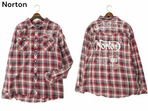 Norton ノートン 通年 ビッグ ロゴ刺繍★ カットオフ 長袖 ウエスタン チェック シャツ Sz.XL　メンズ バイク 大きいサイズ　A4T01272_2#C