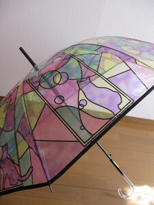 ■【未使用品】アンシャンテ ステンドグラス 8本骨 ジャンプ式 長傘 雨傘 クリア ビニール傘 ネコ蝶と蝶