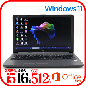 ★HP250G7①★第8世代i5-8265U★新品SSD512GB★メモリ16GB★Webカメラ★バッテリ良★Win11★Office★Bluetooth★