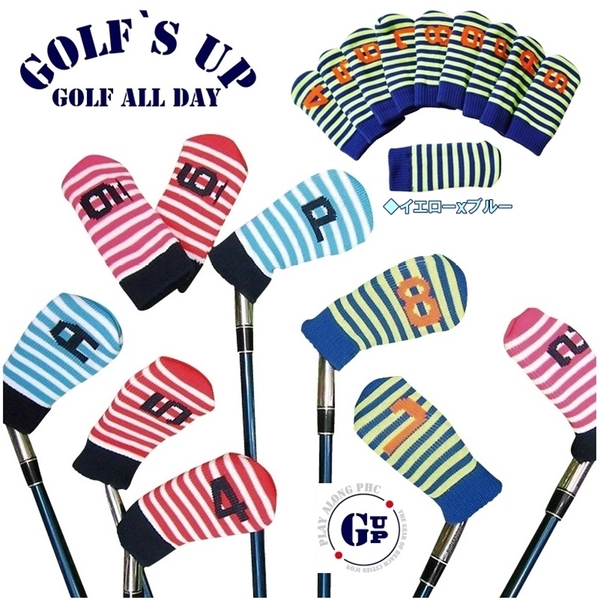☆4送料無料『GOLF`S UP』（YExBL)ゴルフズ　アップGOLF`S UP ストライプアイアンカバーニット素材10個セット（イエロー・ブルー）GUIC-001