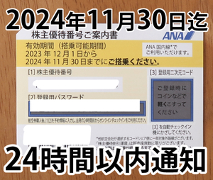 ①24時間以内通知！ ANA 株主優待券　2024年11月30日期限　1枚　株主優待　全日空　株主 コードのみ