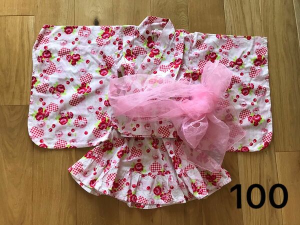 美品　浴衣　セパレート　スカート　ピンク　浴衣ドレス　花柄　女の子　100 甚平 夏祭り 可愛い着物セット　帯　兵児帯 着物