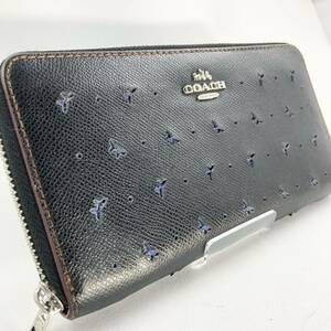 極美品 COACH コーチ 長財布 財布 ウォレット メンズ レディース ビジネス ラウンドファスナー バタフライ 蝶 レザー ブラック 黒