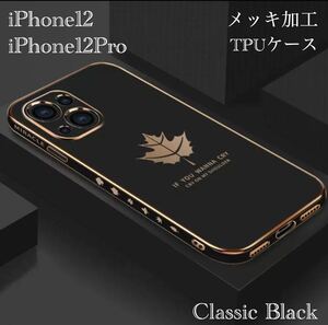 iPhone12 iPhone12Pro スマホケース シリコン　スマホカバー　葉っぱ　シリコンケース　ストラップ 韓国TPU 液晶フィルム　ブラック