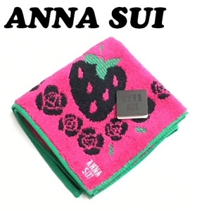 【ANNA SUI】(NO.2411)アナスイ タオルハンカチ　いちご×ローズ柄　イチゴ　ピンク×黒　未使用　25cm