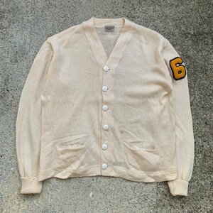 【L/XL】60s Dehen ウール ニット レタードカーディガン 白 生成り色■ビンテージ オールド レトロ アメリカ古着 セーター