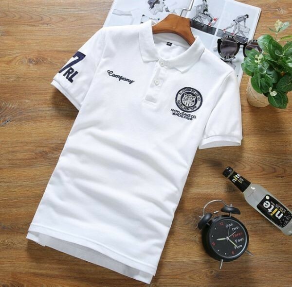 【M 白】 刺繍 半袖 ポロシャツ メンズ ホワイト ゴルフウェア シャツ シンプル カジュアル 春 夏 1